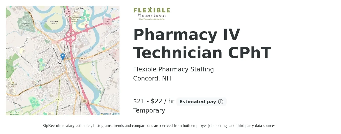 Flexible Pharmacy Staffing job posting for a Pharmacy IV Technician CPhT in Concord, NH with a salary of $22 to $23 Hourly with a map of Concord location.