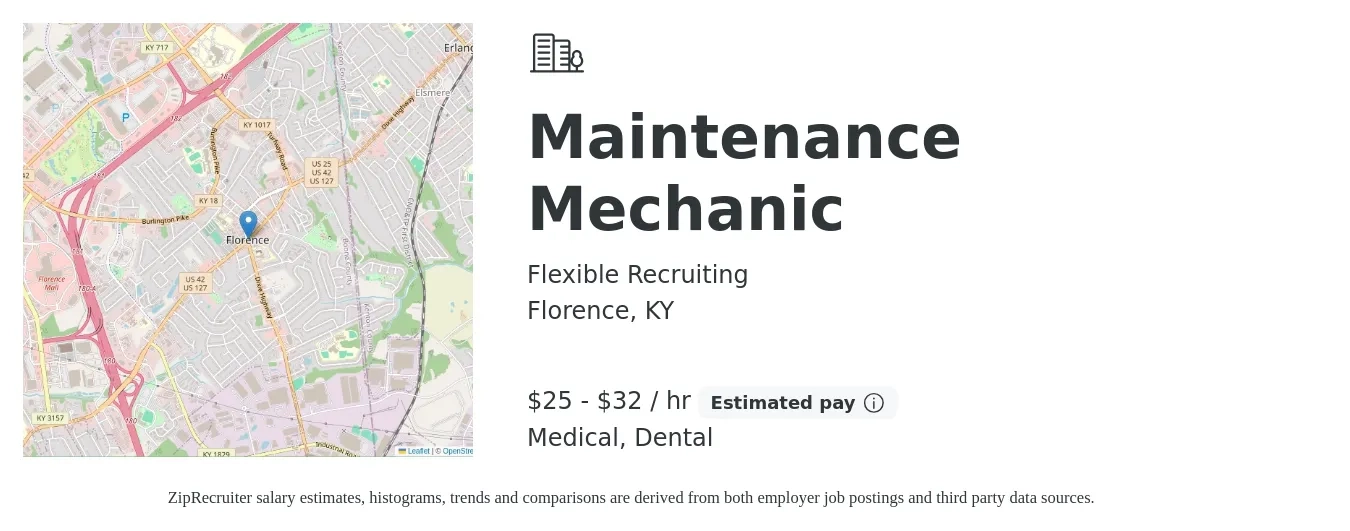 Flexible Recruiting job posting for a Maintenance Mechanic in Florence, KY with a salary of $27 to $34 Hourly and benefits including medical, retirement, dental, and life_insurance with a map of Florence location.