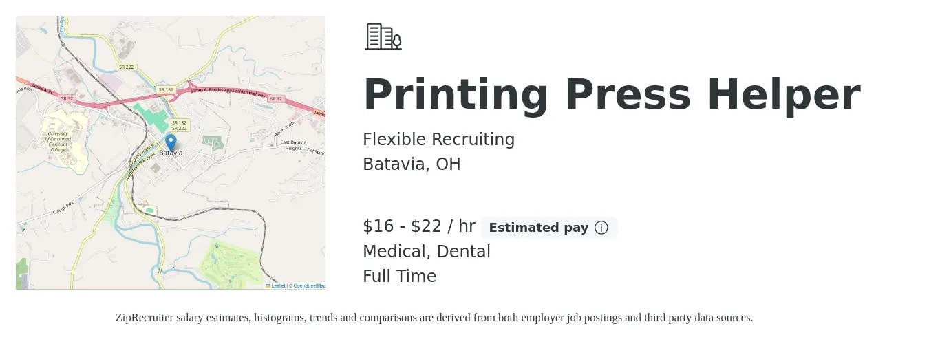 Flexible Recruiting job posting for a Printing Press Helper in Batavia, OH with a salary of $17 to $23 Hourly and benefits including retirement, dental, life_insurance, and medical with a map of Batavia location.