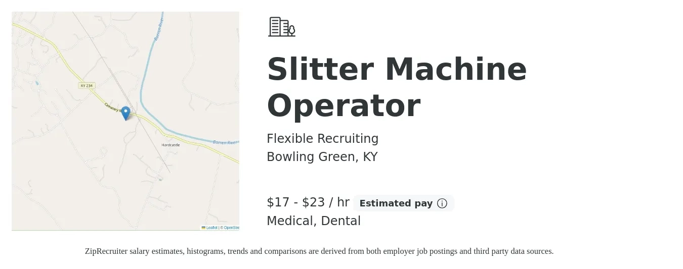 Flexible Recruiting job posting for a Slitter Machine Operator in Bowling Green, KY with a salary of $18 to $24 Hourly and benefits including dental, life_insurance, medical, and retirement with a map of Bowling Green location.