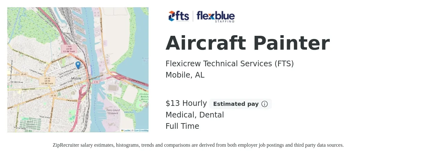 Flexicrew Technical Services (FTS) job posting for a Aircraft Painter in Mobile, AL with a salary of $14 Hourly and benefits including medical, dental, and life_insurance with a map of Mobile location.