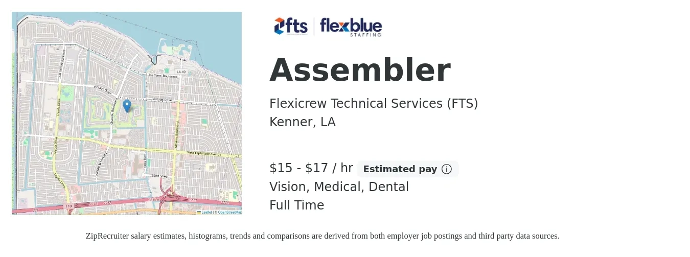 Flexicrew Technical Services (FTS) job posting for a Assembler in Kenner, LA with a salary of $16 to $18 Hourly and benefits including vision, dental, and medical with a map of Kenner location.