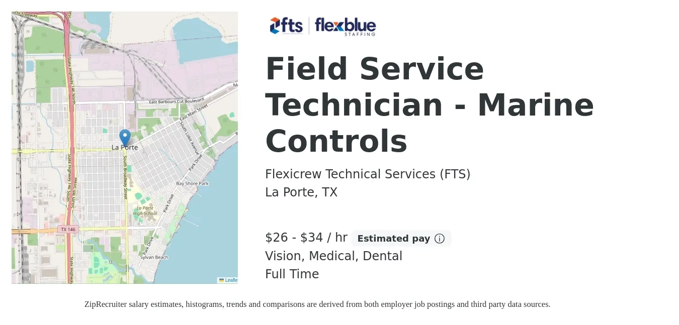 Flexicrew Technical Services (FTS) job posting for a Field Service Technician - Marine Controls in La Porte, TX with a salary of $28 to $36 Hourly and benefits including vision, dental, life_insurance, medical, and pto with a map of La Porte location.