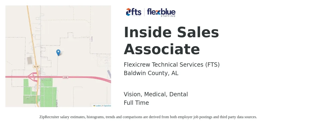 Flexicrew Technical Services (FTS) job posting for a Inside Sales Associate in Baldwin County, AL with a salary of $14 to $22 Hourly and benefits including life_insurance, medical, pto, vision, and dental with a map of Baldwin County location.