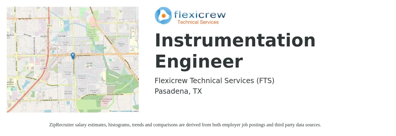 Flexicrew Technical Services job posting for a Instrumentation Engineer in Pasadena, TX with a salary of $66,600 to $113,100 Yearly with a map of Pasadena location.