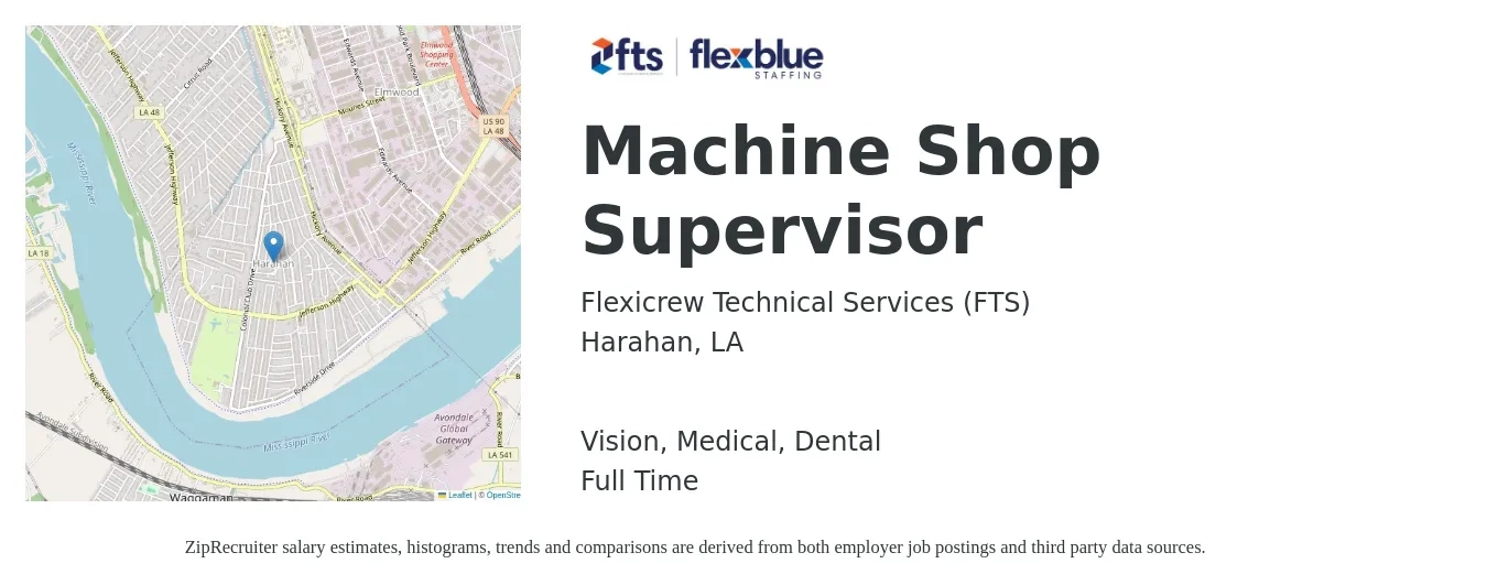 Flexicrew Technical Services (FTS) job posting for a Machine Shop Supervisor in Harahan, LA with a salary of $51,400 to $79,700 Yearly and benefits including medical, pto, vision, and dental with a map of Harahan location.