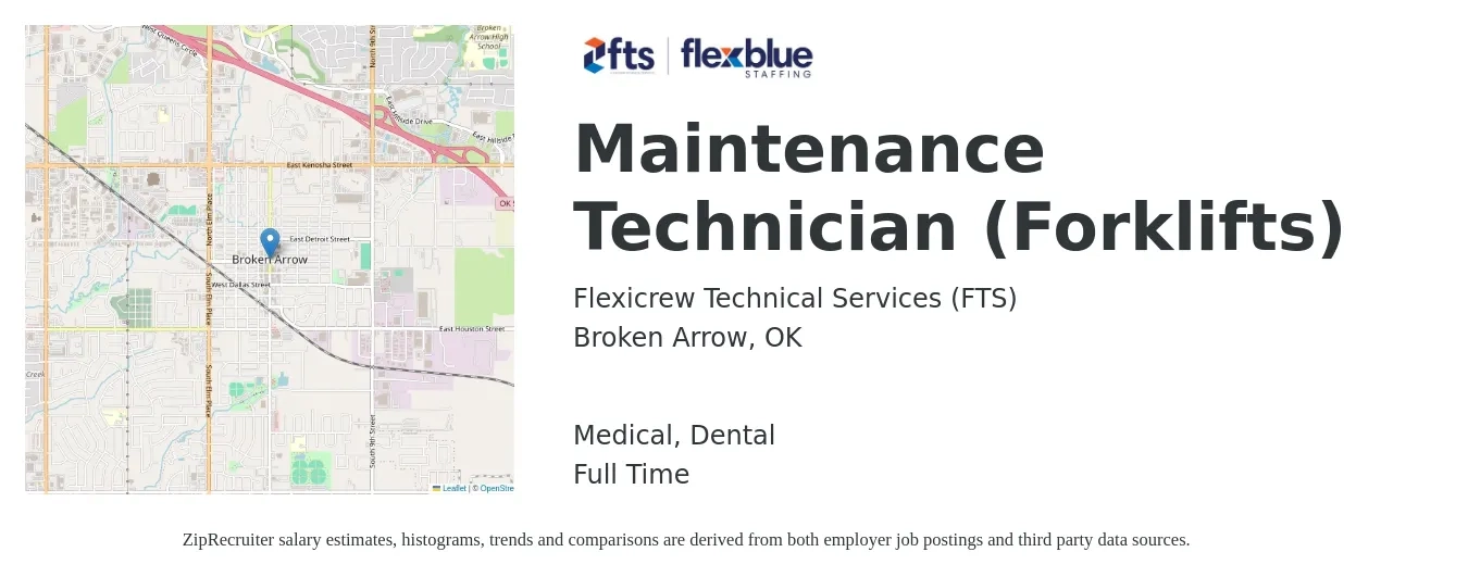 Flexicrew Technical Services (FTS) job posting for a Maintenance Technician (Forklifts) in Broken Arrow, OK with a salary of $17 to $24 Hourly and benefits including dental, life_insurance, and medical with a map of Broken Arrow location.