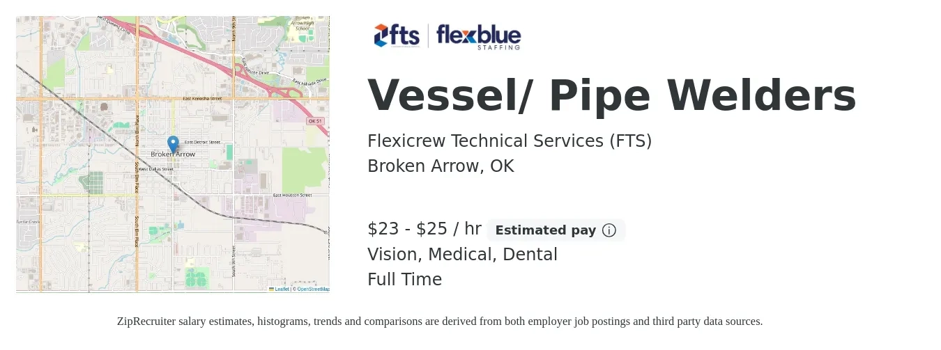 Flexicrew Technical Services (FTS) job posting for a Vessel/ Pipe Welders in Broken Arrow, OK with a salary of $24 to $27 Hourly and benefits including life_insurance, medical, vision, and dental with a map of Broken Arrow location.
