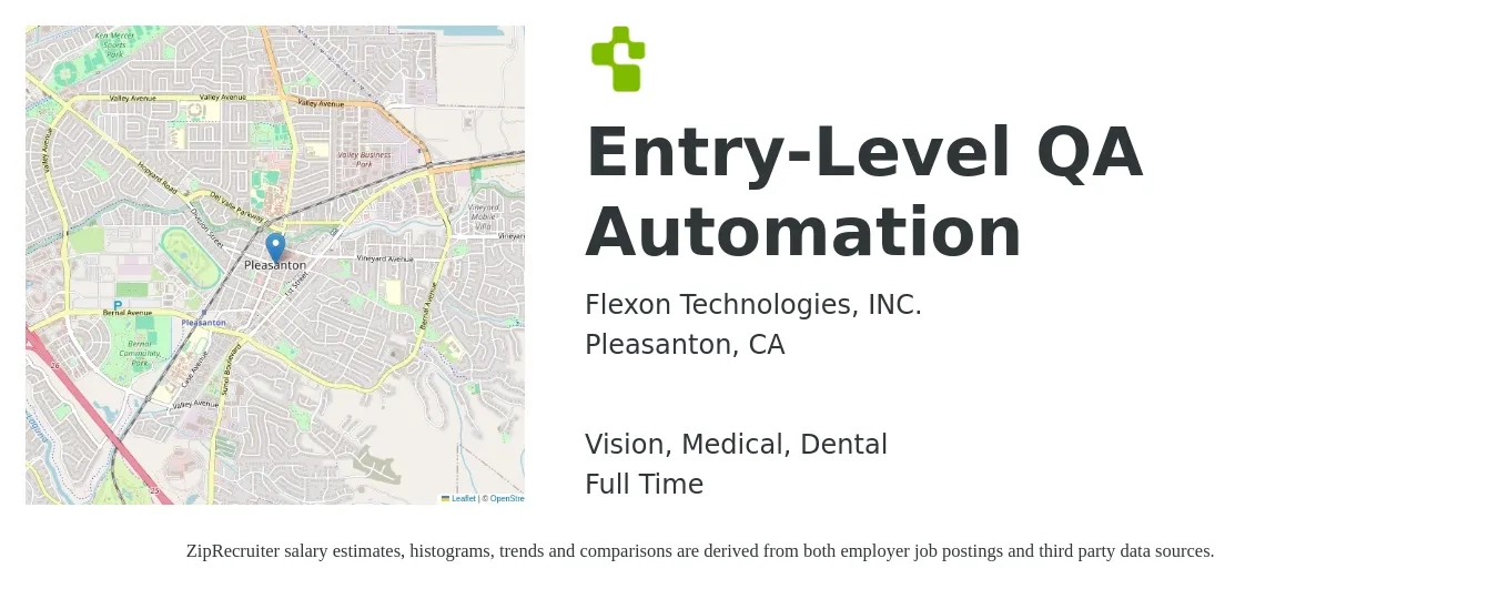 Flexon Technologies, INC. job posting for a Entry-Level QA Automation in Pleasanton, CA with a salary of $52 to $67 Hourly and benefits including life_insurance, medical, retirement, vision, and dental with a map of Pleasanton location.