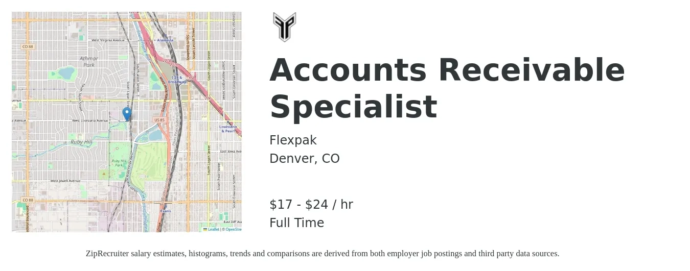 Flexpak job posting for a Accounts Receivable Specialist in Denver, CO with a salary of $18 to $25 Hourly with a map of Denver location.