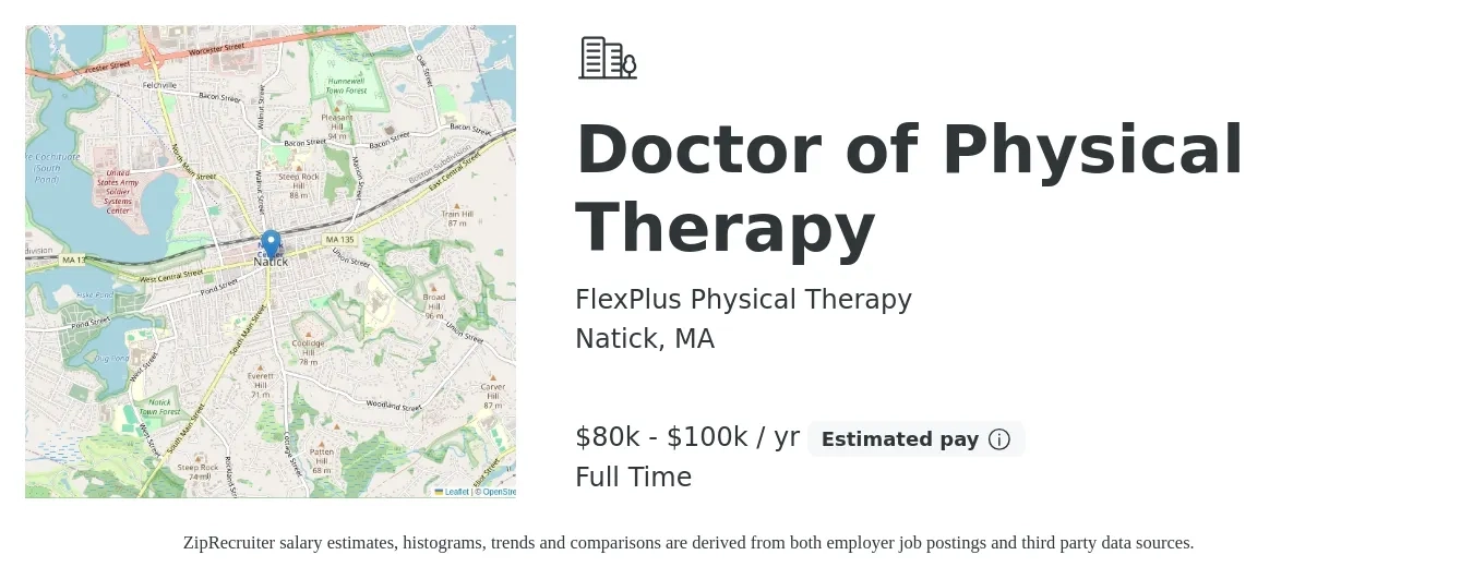 FlexPlus Physical Therapy job posting for a Doctor of Physical Therapy in Natick, MA with a salary of $80,000 to $100,000 Yearly with a map of Natick location.