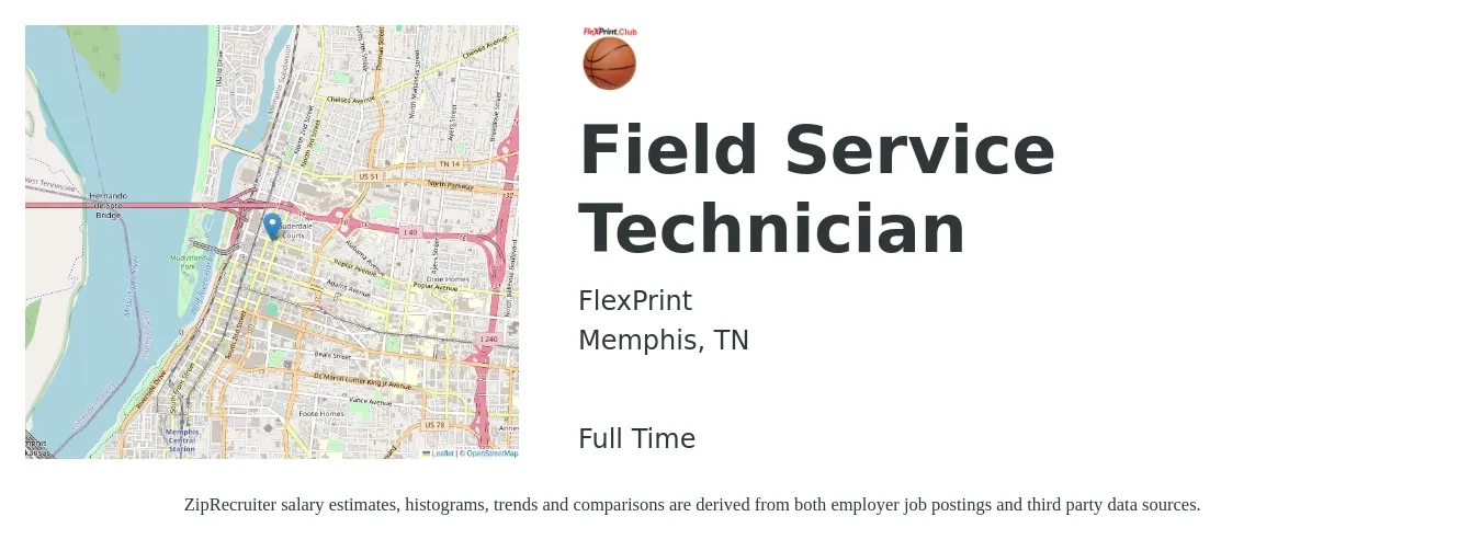 FlexPrint job posting for a Field Service Technician in Memphis, TN with a salary of $20 to $29 Hourly with a map of Memphis location.