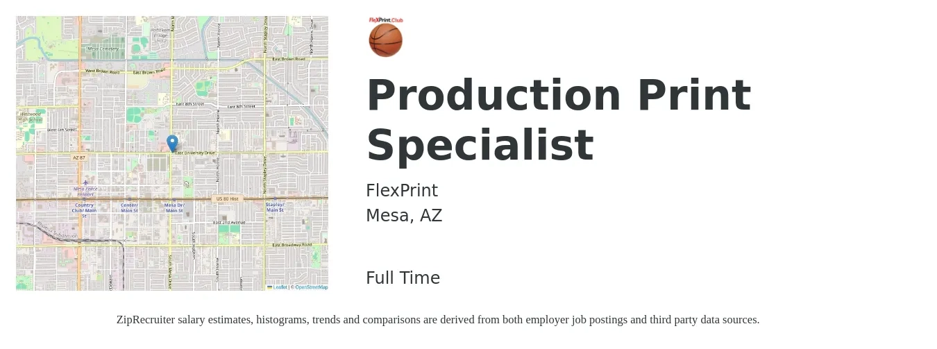 FlexPrint job posting for a Production Print Specialist in Mesa, AZ with a salary of $18 to $23 Hourly with a map of Mesa location.