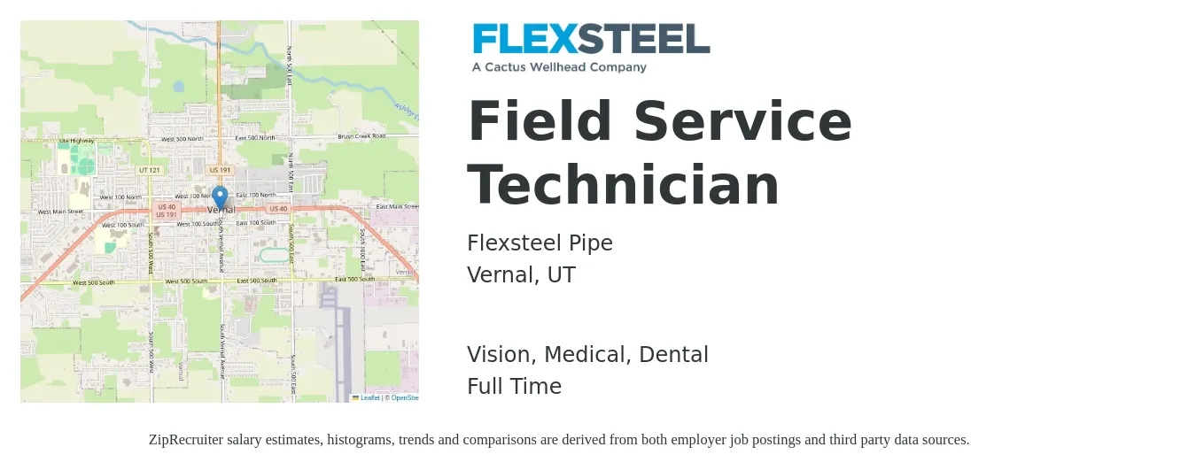 Flexsteel Pipe job posting for a Field Service Technician in Vernal, UT with a salary of $19 to $28 Hourly and benefits including medical, retirement, vision, dental, and life_insurance with a map of Vernal location.