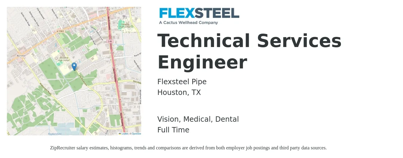 Flexsteel Pipe job posting for a Technical Services Engineer in Houston, TX with a salary of $94,500 to $136,600 Yearly and benefits including dental, life_insurance, medical, retirement, and vision with a map of Houston location.