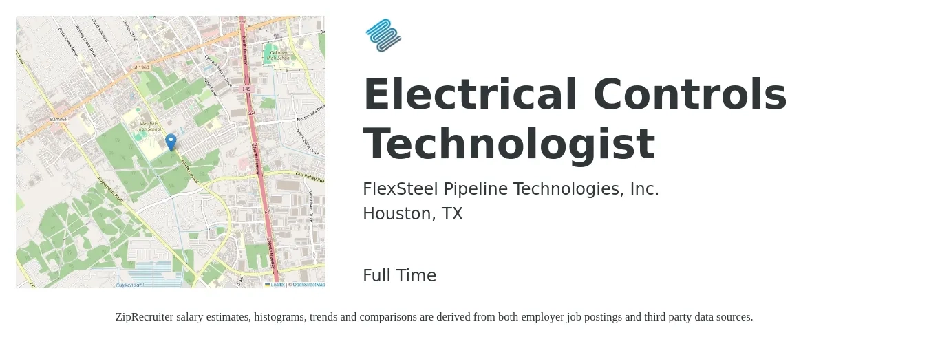 FlexSteel Pipeline Technologies, Inc. job posting for a Electrical Controls Technologist in Houston, TX with a salary of $27 to $36 Hourly with a map of Houston location.