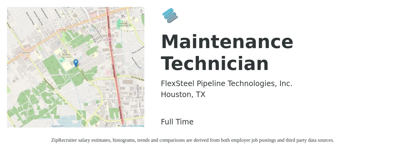 FlexSteel Pipeline Technologies, Inc. job posting for a Maintenance Technician in Houston, TX with a salary of $19 to $26 Hourly with a map of Houston location.