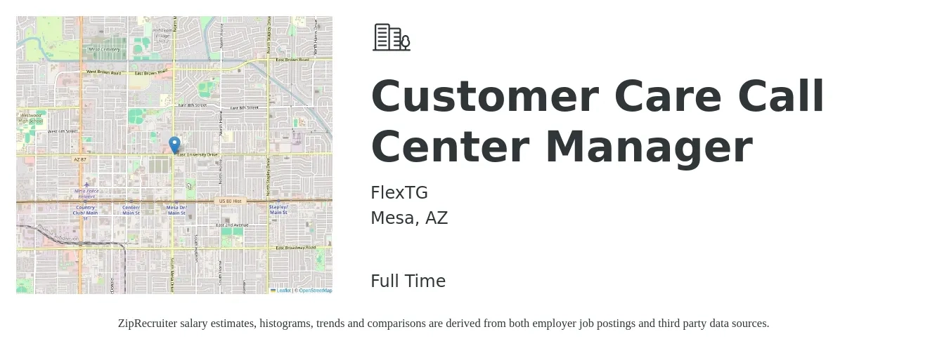 FlexTG job posting for a Customer Care Call Center Manager in Mesa, AZ with a salary of $47,600 to $74,400 Yearly with a map of Mesa location.