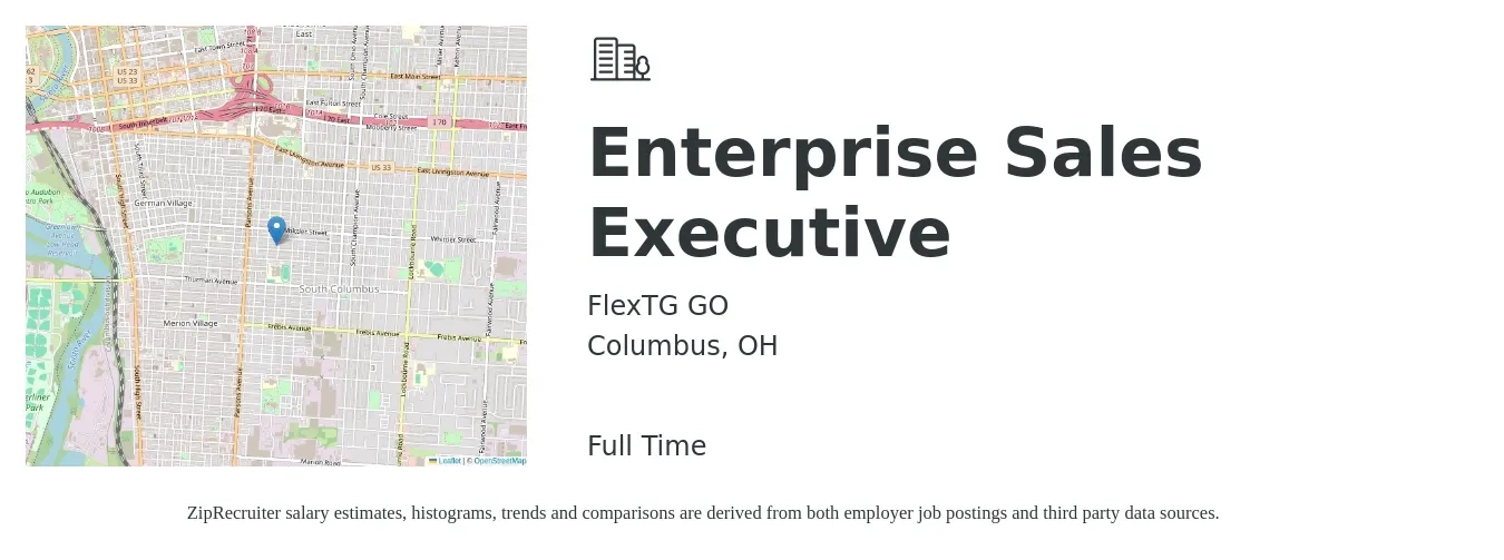 FlexTG GO job posting for a Enterprise Sales Executive in Columbus, OH with a salary of $125,000 Yearly with a map of Columbus location.