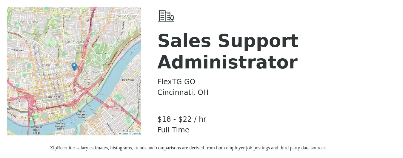 FlexTG GO job posting for a Sales Support Administrator in Cincinnati, OH with a salary of $19 to $23 Hourly with a map of Cincinnati location.