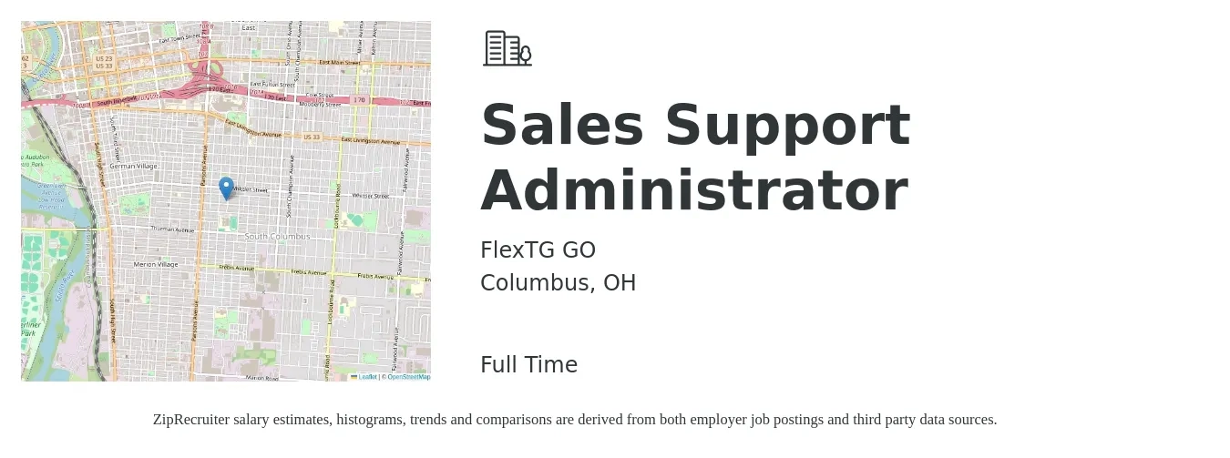 FlexTG GO job posting for a Sales Support Administrator in Columbus, OH with a salary of $19 to $23 Hourly with a map of Columbus location.
