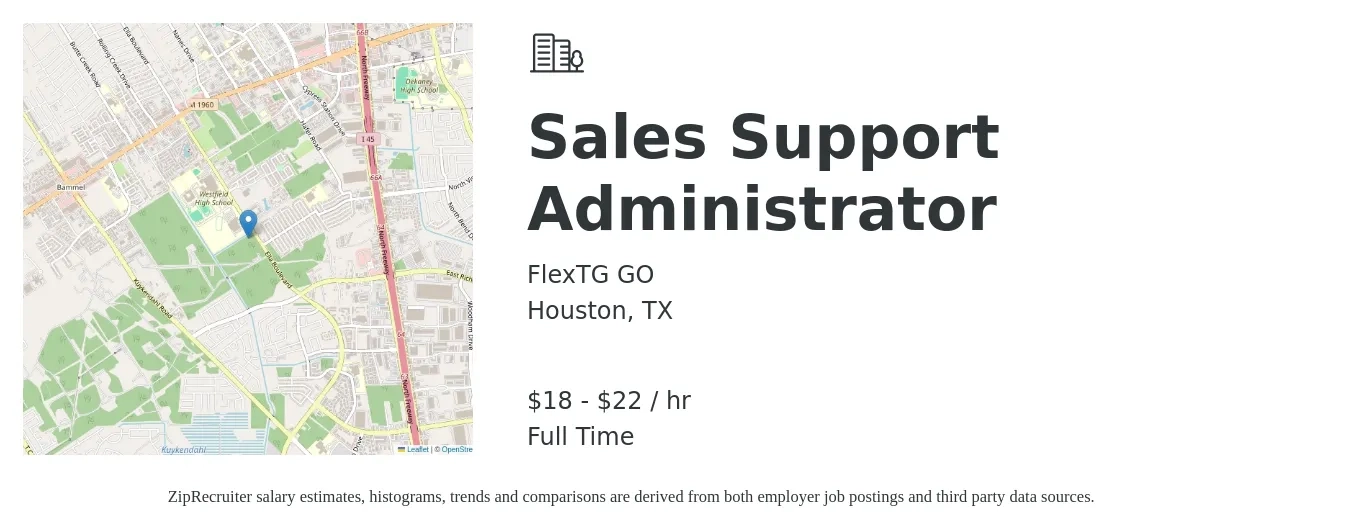 FlexTG GO job posting for a Sales Support Administrator in Houston, TX with a salary of $19 to $23 Hourly with a map of Houston location.