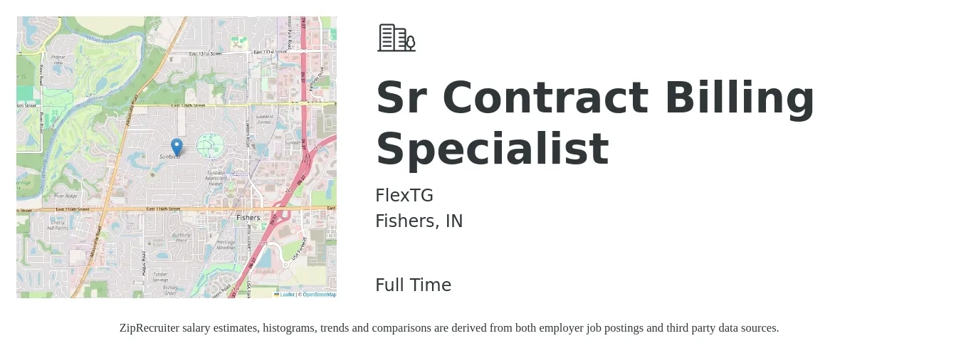 FlexTG job posting for a Sr Contract Billing Specialist in Fishers, IN with a salary of $18 to $24 Hourly with a map of Fishers location.