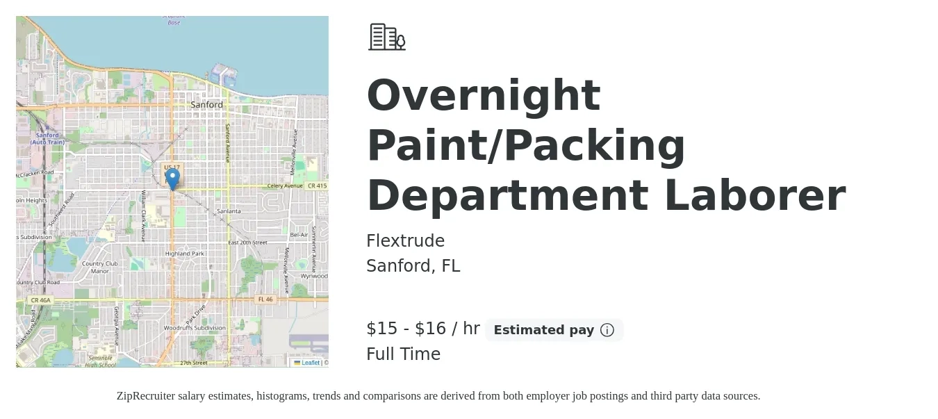 Flextrude job posting for a Overnight Paint/Packing Department Laborer in Sanford, FL with a salary of $16 to $18 Hourly with a map of Sanford location.