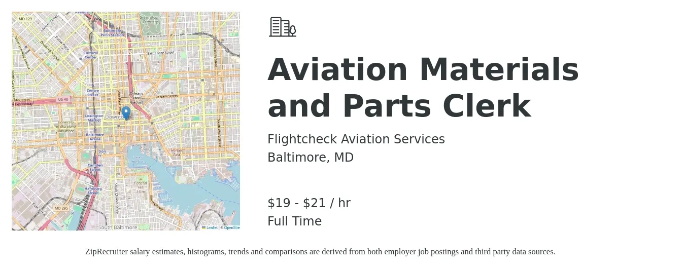 Flightcheck Aviation Services job posting for a Aviation Materials and Parts Clerk in Baltimore, MD with a salary of $20 to $22 Hourly with a map of Baltimore location.