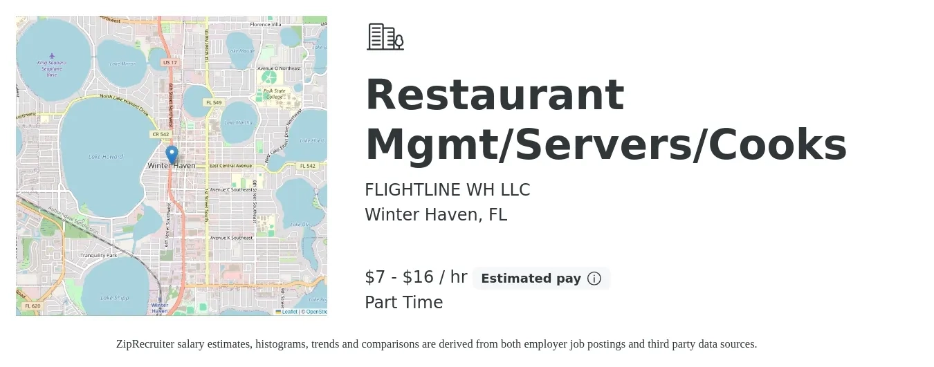 FLIGHTLINE WH LLC job posting for a Restaurant Mgmt/Servers/Cooks in Winter Haven, FL with a salary of $8 to $17 Hourly (plus commission) with a map of Winter Haven location.