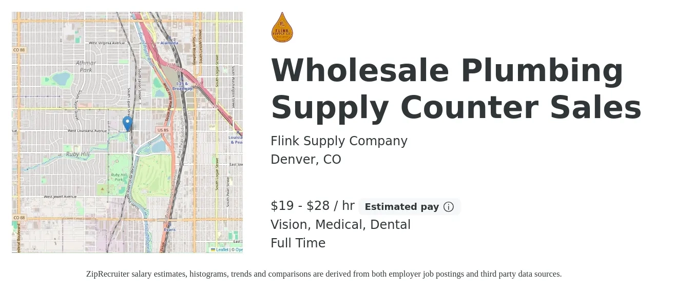 Flink Supply Company job posting for a Wholesale Plumbing Supply Counter Sales in Denver, CO with a salary of $20 to $30 Hourly and benefits including dental, medical, retirement, and vision with a map of Denver location.