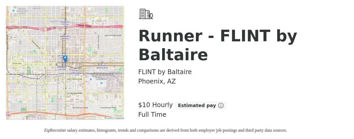 FLINT by Baltaire job posting for a Runner - FLINT by Baltaire in Phoenix, AZ with a salary of $11 Hourly with a map of Phoenix location.
