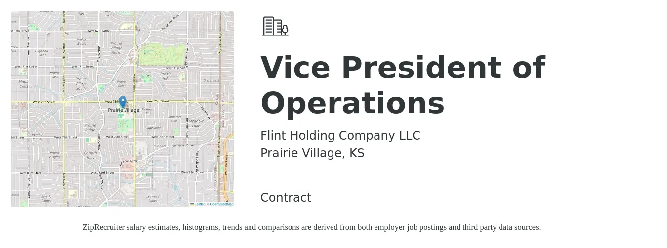 Flint Holding Company LLC job posting for a Vice President of Operations in Prairie Village, KS with a salary of $113,700 to $182,100 Yearly with a map of Prairie Village location.