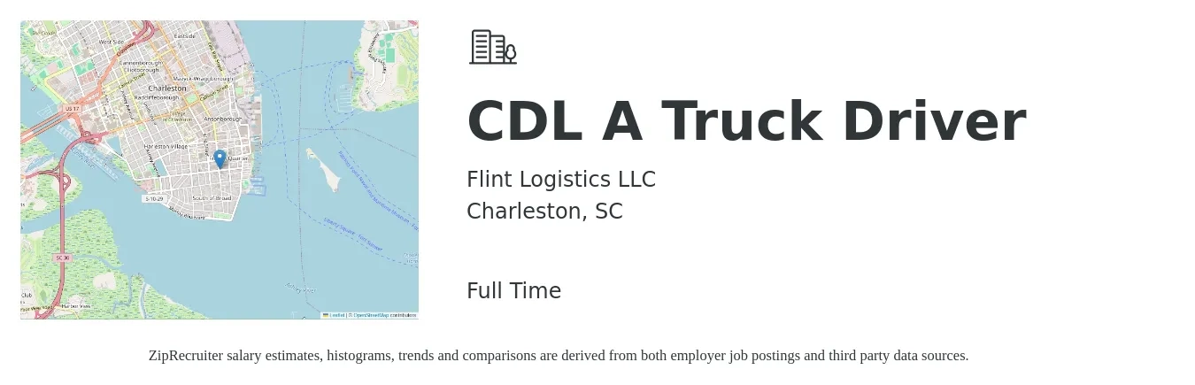 Flint Logistics LLC job posting for a CDL A Truck Driver in Charleston, SC with a salary of $1,400 Weekly with a map of Charleston location.