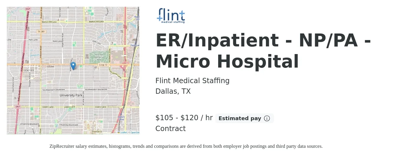 Flint Medical Staffing job posting for a ER/Inpatient - NP/PA - Micro Hospital in Dallas, TX with a salary of $110 to $125 Hourly with a map of Dallas location.