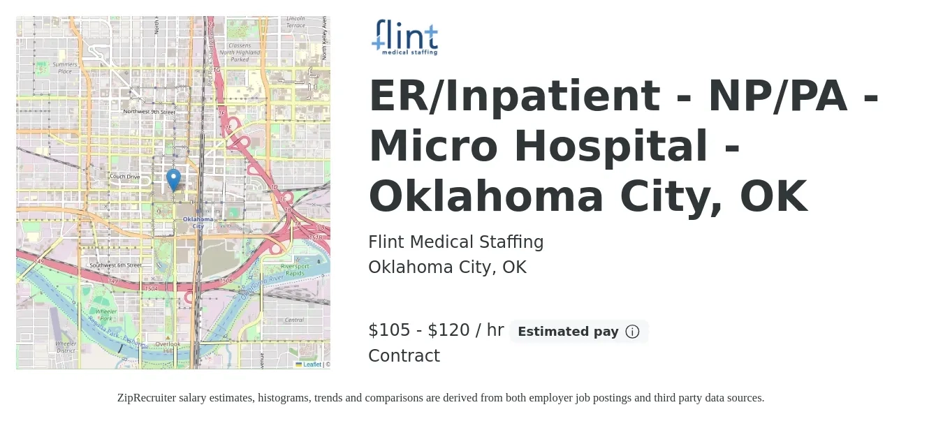 Flint Medical Staffing job posting for a ER/Inpatient - NP/PA - Micro Hospital - Oklahoma City, OK in Oklahoma City, OK with a salary of $110 to $125 Hourly with a map of Oklahoma City location.