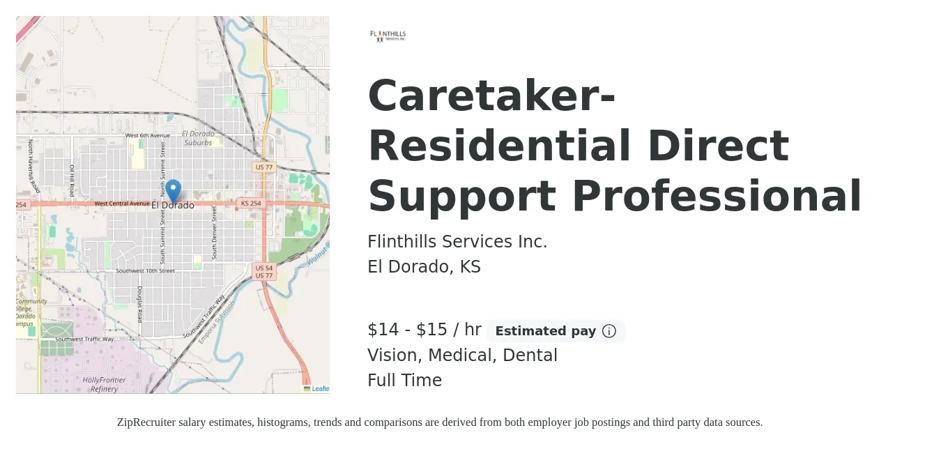 Flinthills Services Inc. job posting for a Caretaker- Residential Direct Support Professional in El Dorado, KS with a salary of $15 to $16 Hourly and benefits including dental, life_insurance, medical, pto, retirement, and vision with a map of El Dorado location.