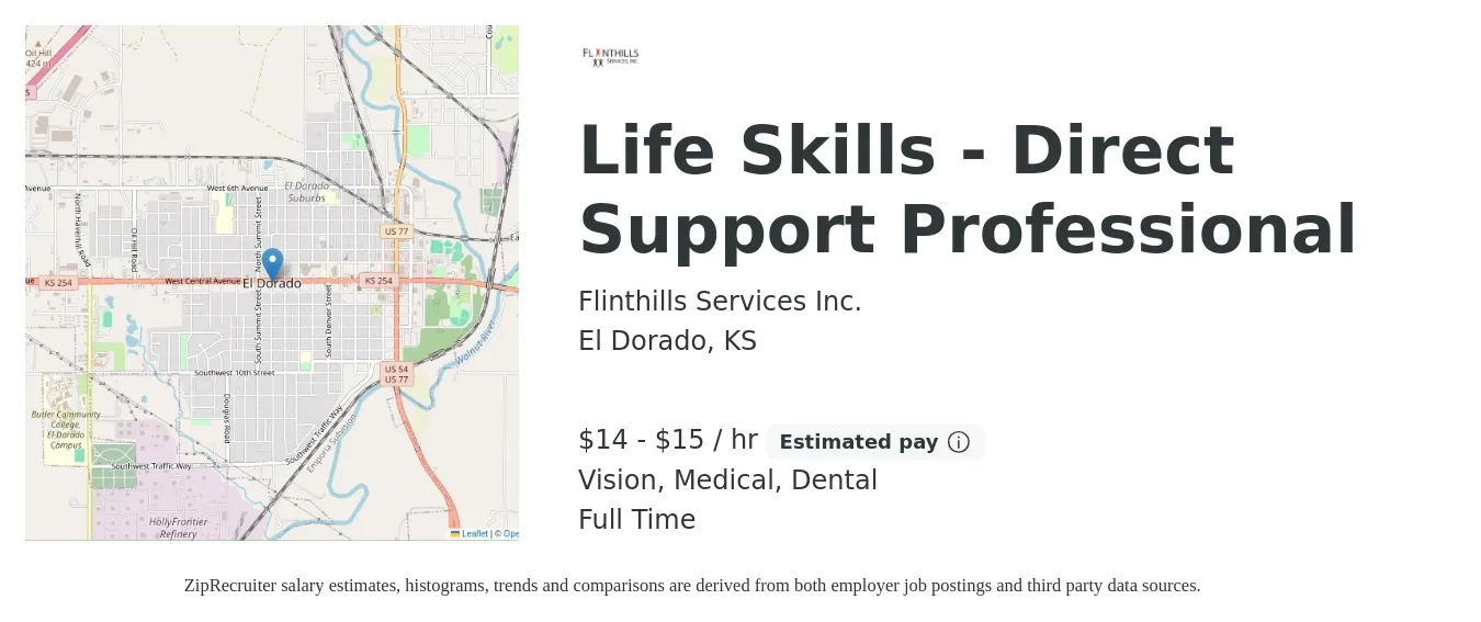 Flinthills Services Inc. job posting for a Life Skills - Direct Support Professional in El Dorado, KS with a salary of $15 to $16 Hourly and benefits including pto, retirement, vision, dental, life_insurance, and medical with a map of El Dorado location.