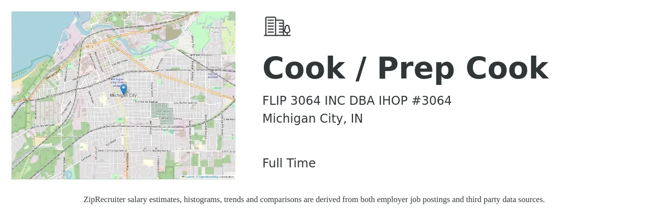 FLIP 3064 INC DBA IHOP #3064 job posting for a Cook / Prep Cook in Michigan City, IN with a salary of $14 to $18 Hourly with a map of Michigan City location.