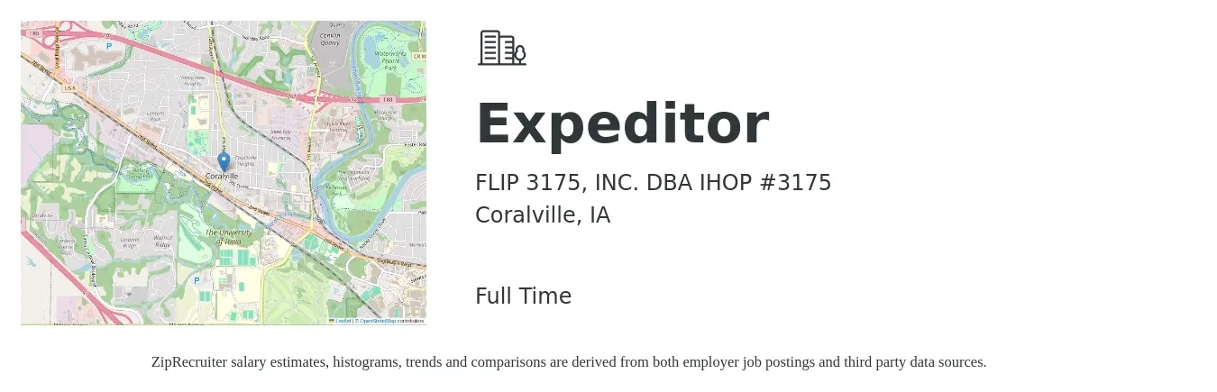 FLIP 3175, INC. DBA IHOP #3175 job posting for a Expeditor in Coralville, IA with a salary of $12 to $18 Hourly with a map of Coralville location.