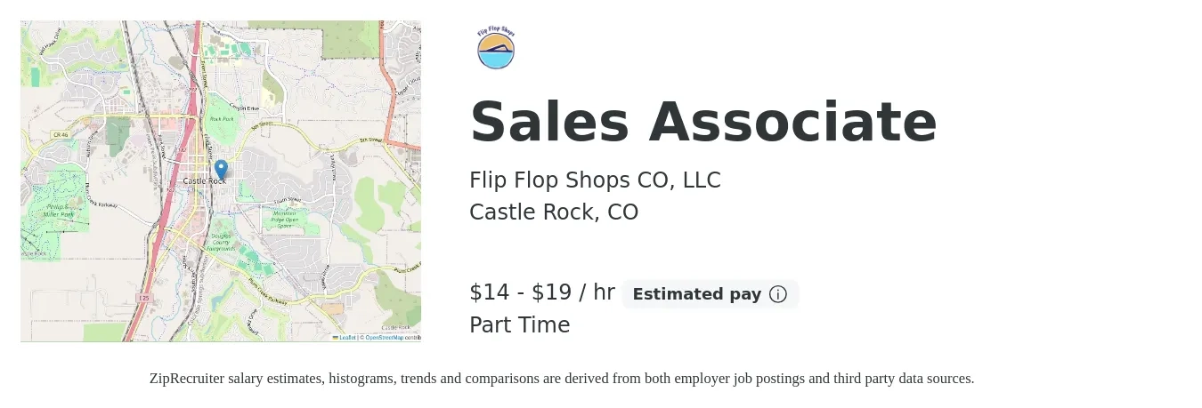 Flip Flop Shops CO, LLC job posting for a Sales Associate in Castle Rock, CO with a salary of $15 to $20 Hourly with a map of Castle Rock location.