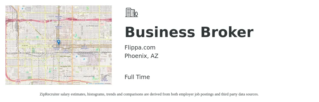 Flippa.com job posting for a Business Broker in Phoenix, AZ with a salary of $99,300 Yearly with a map of Phoenix location.