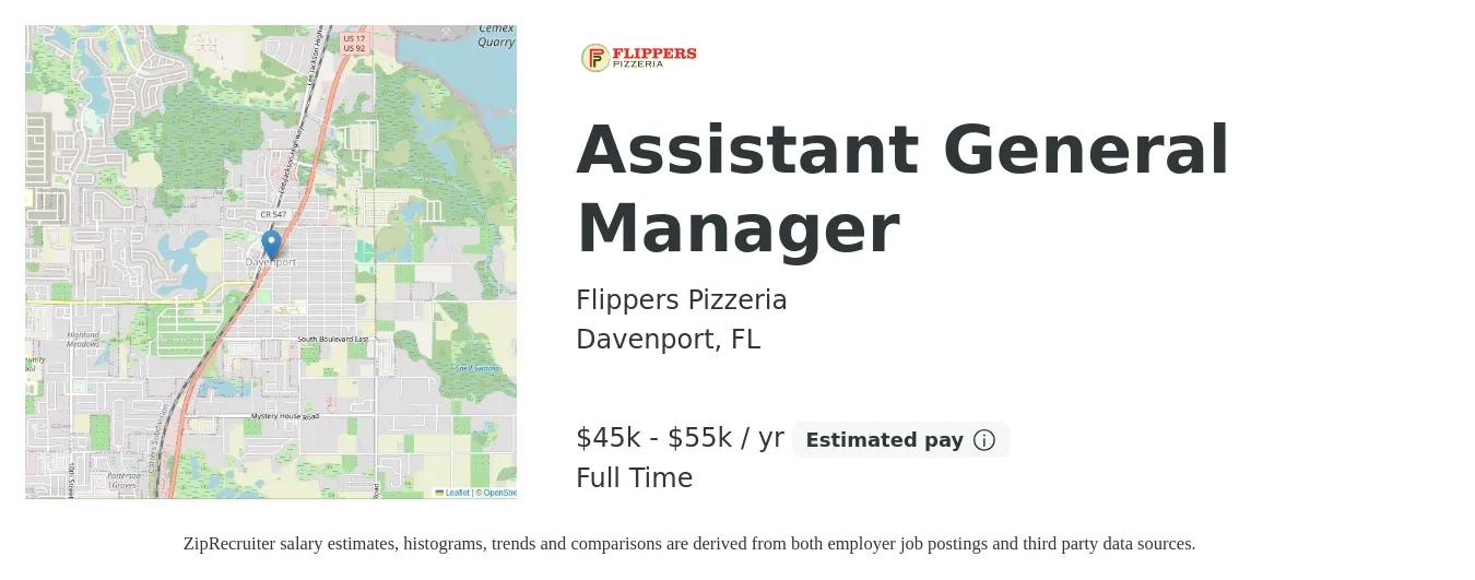 Flippers Pizzeria job posting for a Assistant General Manager in Davenport, FL with a salary of $45,000 to $55,000 Yearly with a map of Davenport location.