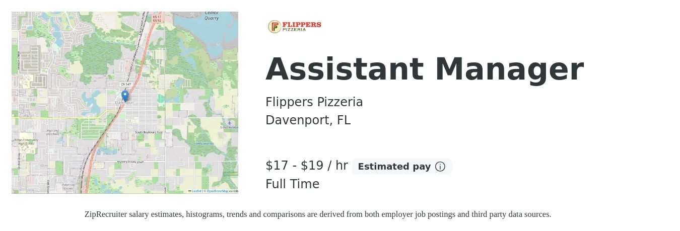Flippers Pizzeria job posting for a Assistant Manager in Davenport, FL with a salary of $18 to $20 Hourly with a map of Davenport location.