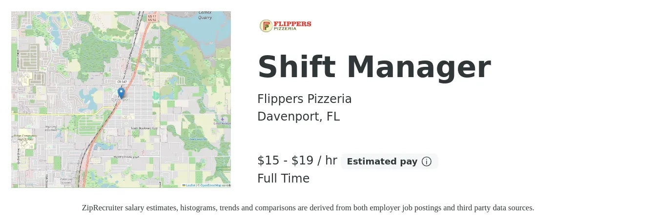Flippers Pizzeria job posting for a Shift Manager in Davenport, FL with a salary of $16 to $20 Hourly with a map of Davenport location.