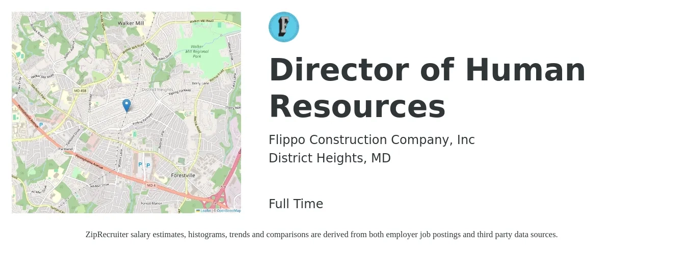 Flippo Construction Company, Inc job posting for a Director of Human Resources in District Heights, MD with a salary of $94,600 to $145,900 Yearly with a map of District Heights location.