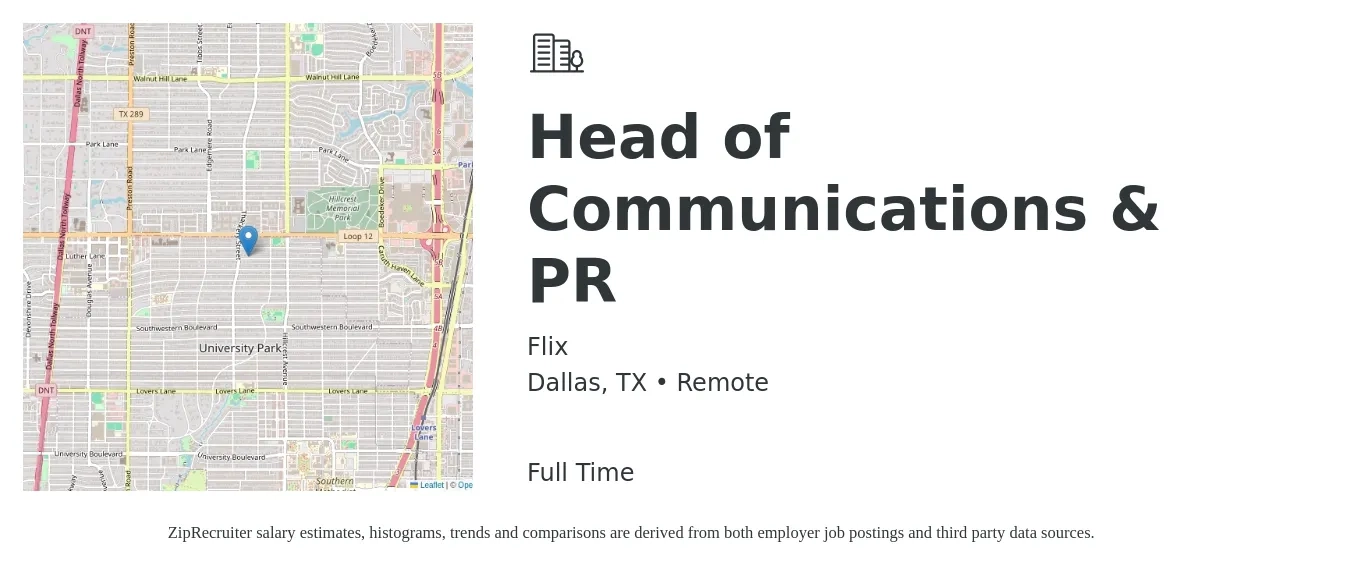 Flix job posting for a Head of Communications & PR in Dallas, TX with a salary of $83,600 to $128,600 Yearly with a map of Dallas location.