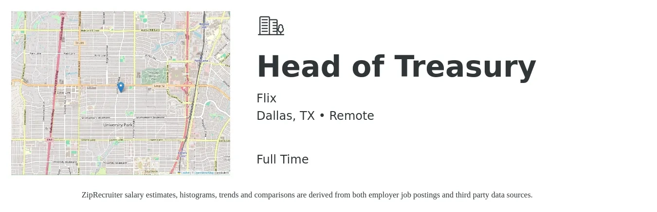 Flix job posting for a Head of Treasury in Dallas, TX with a salary of $138,000 to $172,100 Yearly with a map of Dallas location.