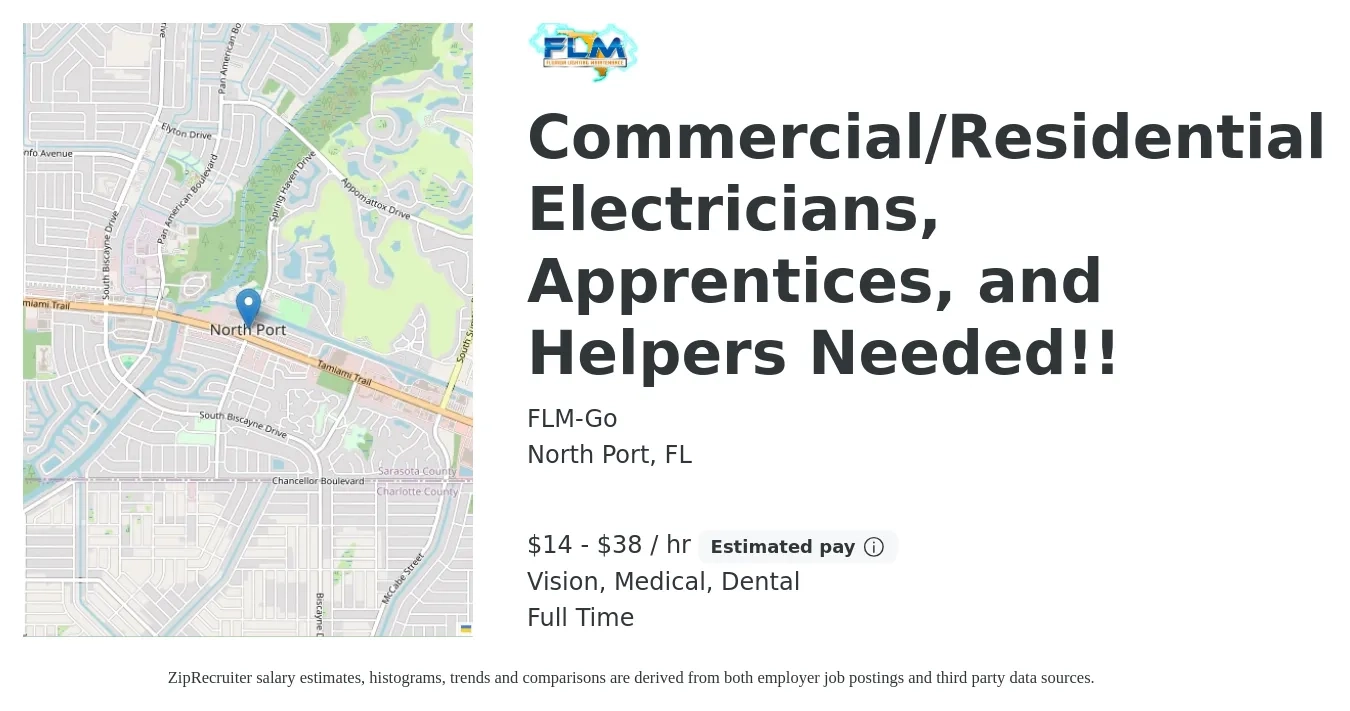 FLM-Go job posting for a Commercial/Residential Electricians, Apprentices, and Helpers Needed!! in North Port, FL with a salary of $15 to $40 Hourly and benefits including retirement, vision, dental, and medical with a map of North Port location.