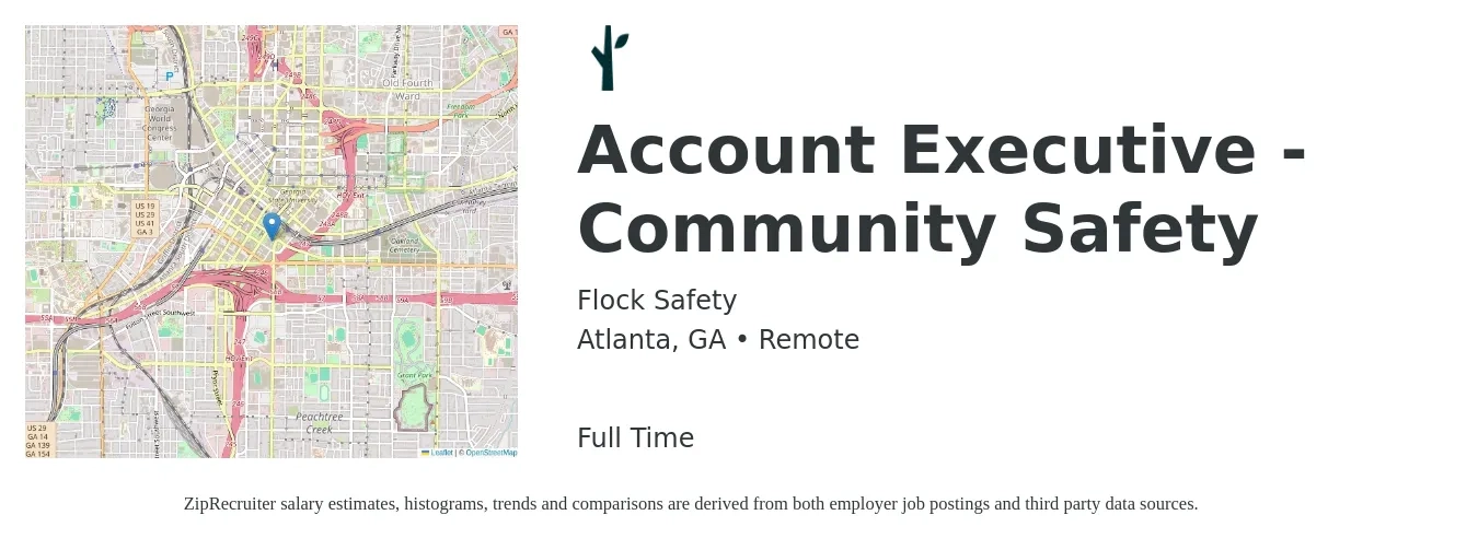 Flock Safety job posting for a Account Executive - Community Safety in Atlanta, GA with a salary of $51,900 to $91,400 Yearly with a map of Atlanta location.